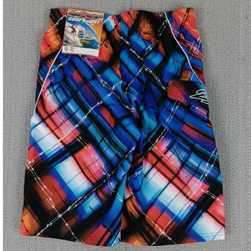 ZeroXposur Swim Trunks Boys Large 14-16 Red/Blue Pattern Drawstring Lined UPF50+